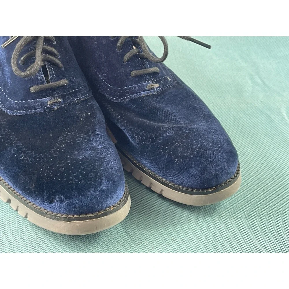 Cole Haan Grand OS Wingtip Oxford Men 7.5 M Dress Shoes Navy Blue Velvet Lace Up
